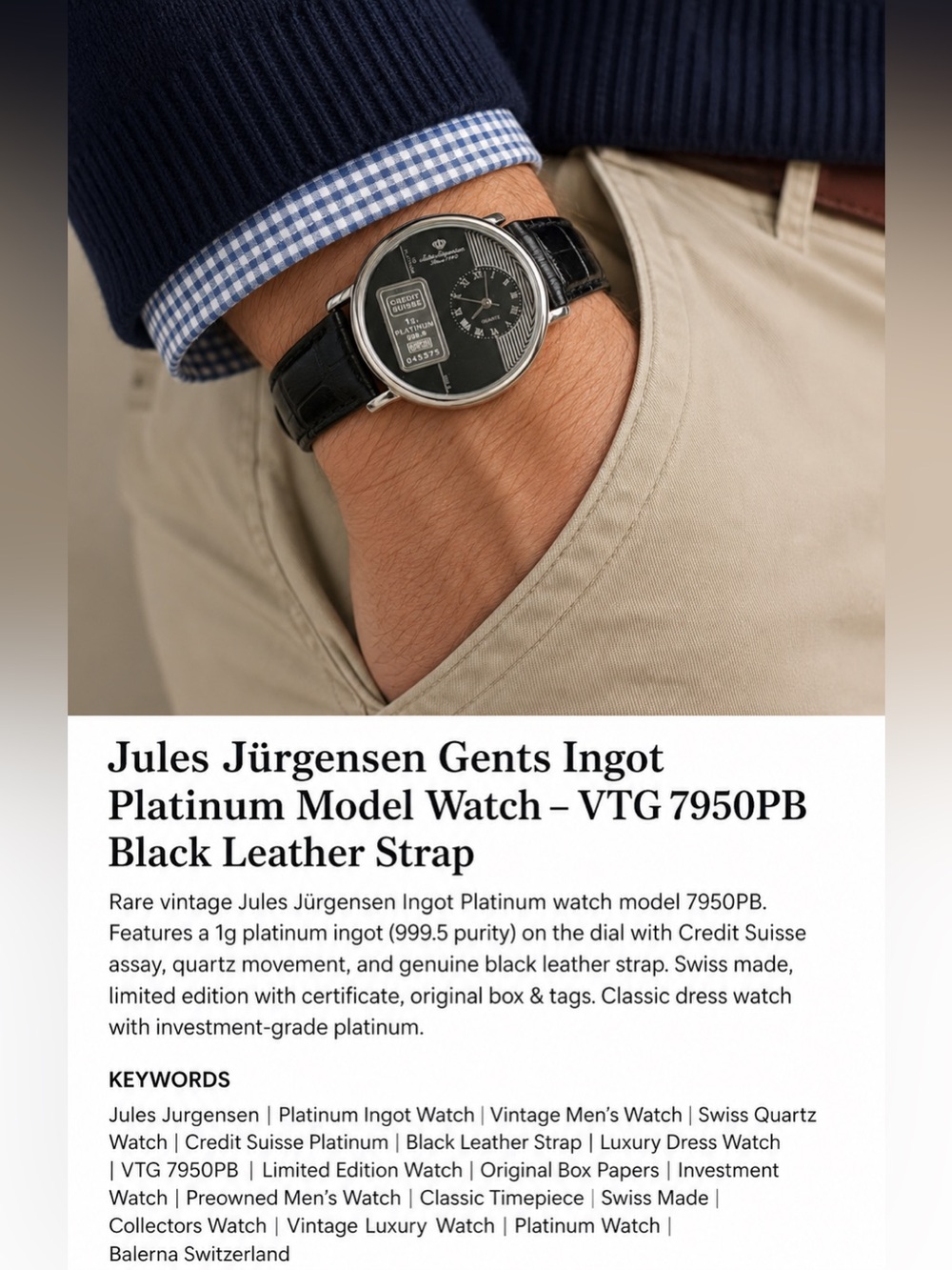Jules Jürgensen Gents Ingot platinum Model Watch Black Leather Strap VTG 7950PB